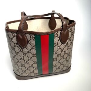 Used Gucci Brown GG Canvas Mini Tote with Green and Red Stripe